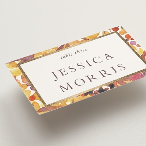 This is a amber wedding place cards with foil pressed by Alexandra Dzh called autumn flowers printing on signature in placecard