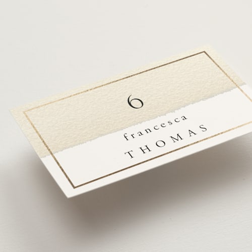 This is a sand wedding place cards with foil pressed by Janean Hinger called contemplate printing on signature in placecard