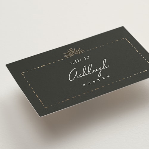 This is a midnight wedding place cards with foil pressed by Leah Bisch called fringe printing on signature in placecard