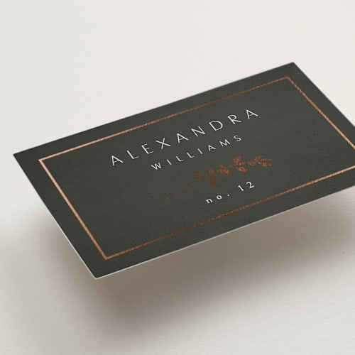 This is a ivy wedding place cards with foil pressed by Kelly Schmidt called quince printing on signature in placecard
