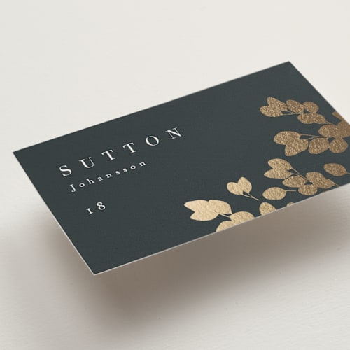 This is a deep sea wedding place cards with foil pressed by Kristie Kern called loire printing on signature in placecard