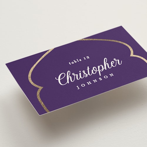This is a aubergine wedding place cards with foil pressed by Creo Study called whole new world from disney's aladdin printing on signature in placecard