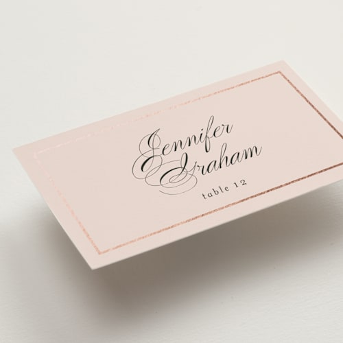 This is a blush wedding place cards with foil pressed by Jessica Williams called bianca printing on signature in placecard