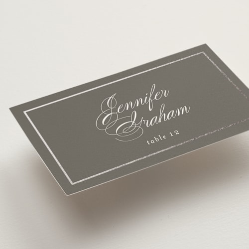 This is a mountain wedding place cards with foil pressed by Jessica Williams called bianca printing on signature in placecard