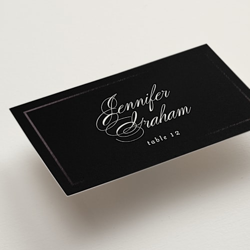 This is a ebony wedding place cards with foil pressed by Jessica Williams called bianca printing on signature in placecard