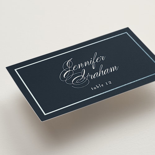 This is a navy wedding place cards with foil pressed by Jessica Williams called bianca printing on signature in placecard
