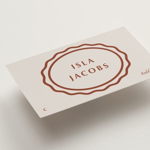 This is a champagne wedding place cards with standard by Baumbirdy called pearl printing on signature in placecard