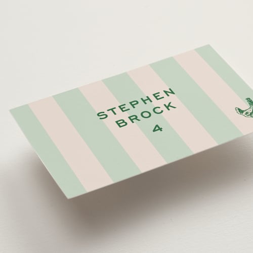 This is a mint wedding place cards with standard by Megan Davis called rhode printing on signature in placecard