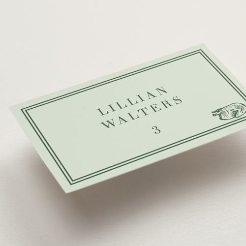 This is a mint wedding place cards with standard by Megan Davis called perry printing on signature in placecard