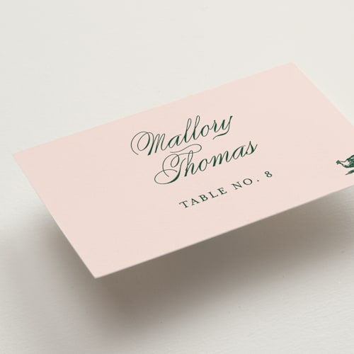 This is a rose wedding place cards with standard by Megan Davis called hepburn printing on signature in placecard