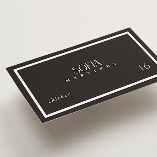 This is a charcoal wedding place cards with standard by Lucrecia Caporale called classic love printing on signature in placecard