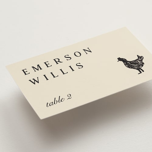 This is a almond wedding place cards with standard by Sierra Lee called farm to table printing on signature in placecard