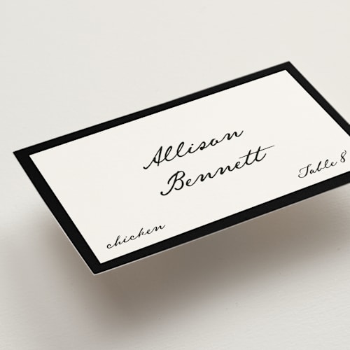 This is a onyx wedding place cards with standard by Kelly Watkins called juniper printing on signature in placecard