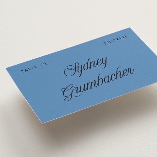 This is a cerulean wedding place cards with standard by Morgan Kendall called santorini printing on signature in placecard