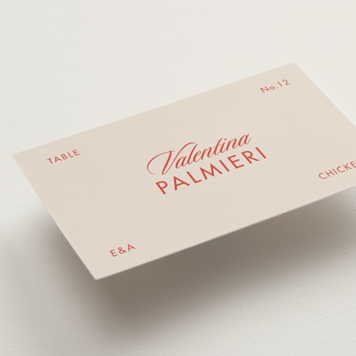 This is a ivory wedding place cards with standard by Tamara Hilje called cinematique printing on signature in placecard
