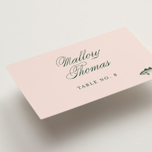 This is a rose wedding place cards with standard by Megan Davis called hepburn printing on signature in placecard