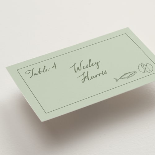 This is a mint wedding place cards with standard by Sherley Ferreira called olive printing on signature in placecard