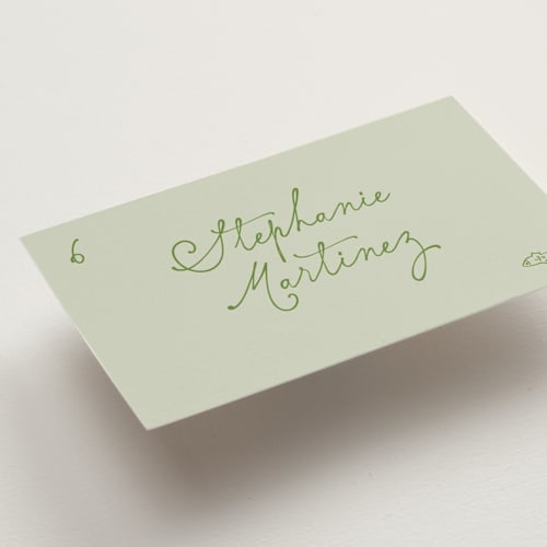 This is a moss wedding place cards with standard by Creo Study called handwritten chic printing on signature in placecard