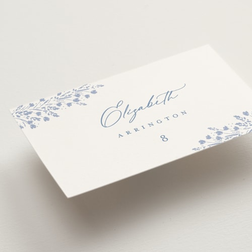 This is a periwinkle wedding place cards with standard by Kristie Kern called villa printing on signature in placecard
