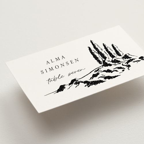 This is a noir wedding place cards with standard by Shiny Penny Studio called countryside villa printing on signature in placecard