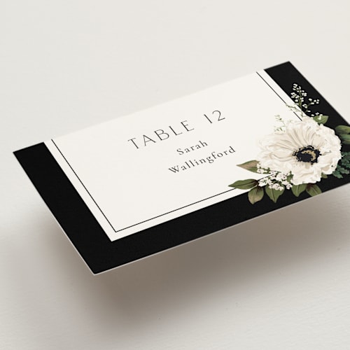 This is a black tie wedding place cards with standard by Susan Moyal called botanical love printing on signature in placecard