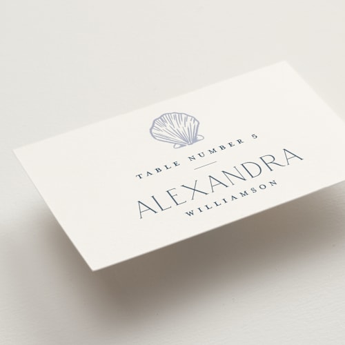 This is a periwinkle wedding place cards with standard by Jenna Holcomb called coastal toile printing on signature in placecard