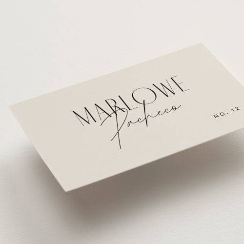 This is a linen wedding place cards with standard by Kelly Schmidt called arabilla overlap printing on signature in placecard