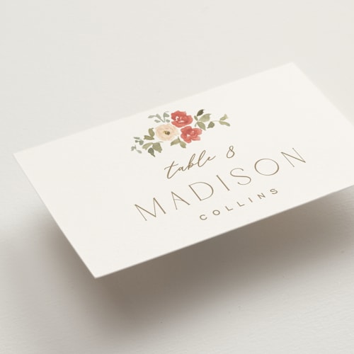 This is a pomegranate wedding place cards with standard by Everett Paper Goods called roses crest printing on signature in placecard