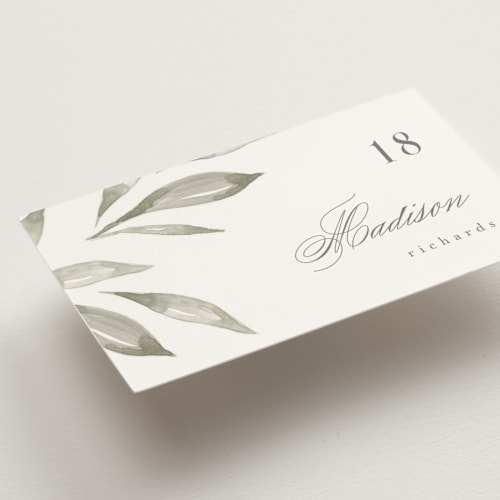 This is a leaf wedding place cards with standard by Kristie Kern called whispered leaves printing on signature in placecard