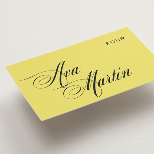This is a lemon wedding place cards with standard by Ani Somi called in lights printing on signature in placecard