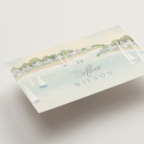 This is a sea glass wedding place cards with standard by Jennifer Wick called bristol printing on signature in placecard