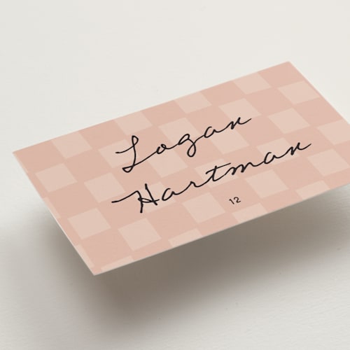 This is a blush wedding place cards with standard by Ani Somi called ballpoint suite printing on signature in placecard