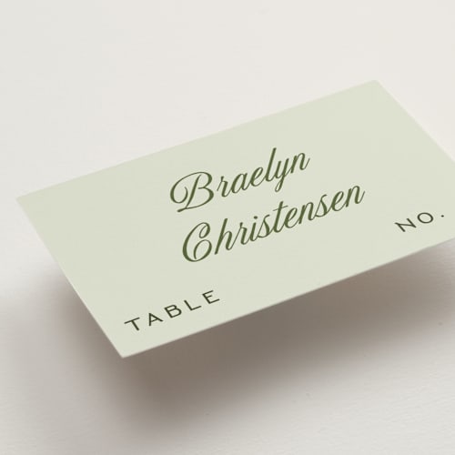 This is a lemongrass wedding place cards with standard by Sam Dubeau called swoon printing on signature in placecard