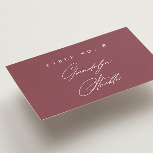 This is a mauve wedding place cards with standard by Erica Krystek called chantilly printing on signature in placecard