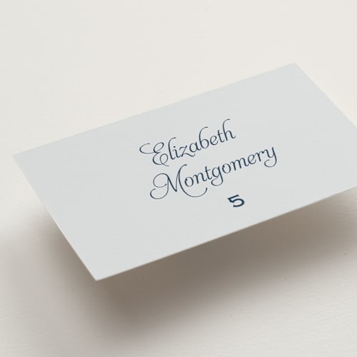 This is a powder wedding place cards with standard by Carolyn MacLaren called modernne printing on signature in placecard
