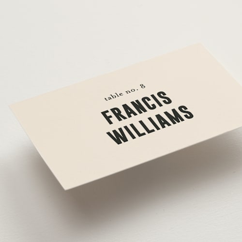 This is a cream wedding place cards with standard by Pixel and Hank called spin printing on signature in placecard