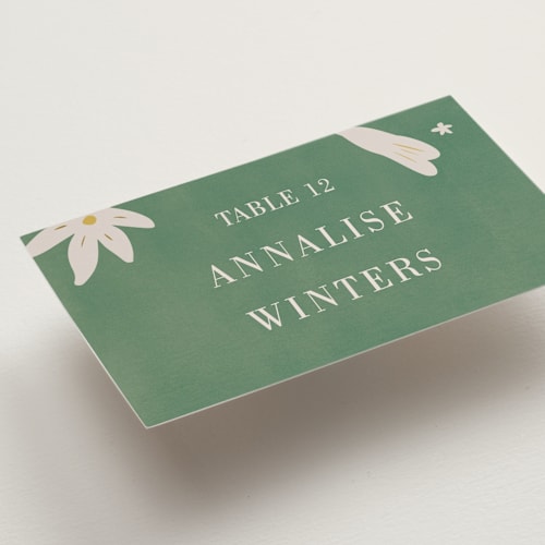 This is a emerald wedding place cards with standard by Ani Somi called friendly flowers printing on signature in placecard