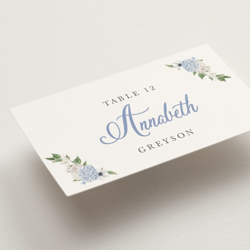 This is a periwinkle wedding place cards with standard by Design Lotus called sweethearts printing on signature in placecard