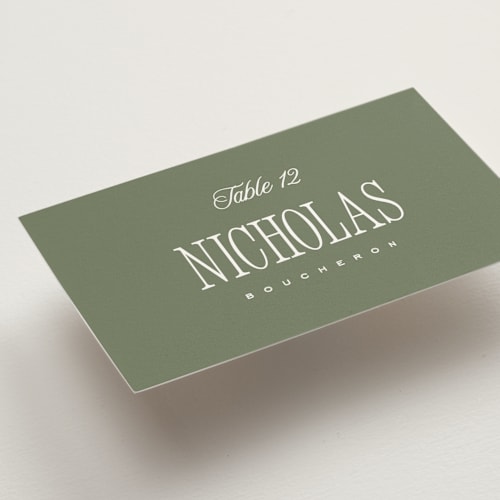 This is a sage wedding place cards with standard by Kelly Schmidt called riviera printing on signature in placecard