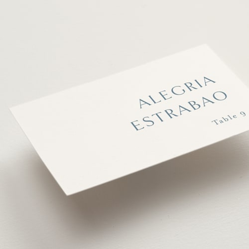 This is a dusty blue wedding place cards with standard by Jennifer Postorino called graceful printing on signature in placecard