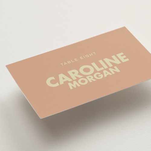 This is a salmon wedding place cards with standard by Ellen Schlegelmilch called sienna printing on signature in placecard
