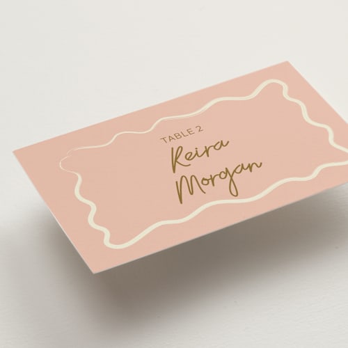 This is a butterscotch wedding place cards with standard by Helena Vitto called handwritten letter printing on signature in placecard