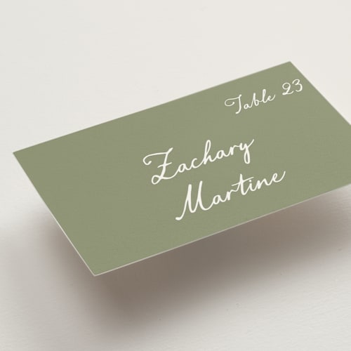 This is a moss wedding place cards with standard by Cass Loh called handwritten printing on signature in placecard