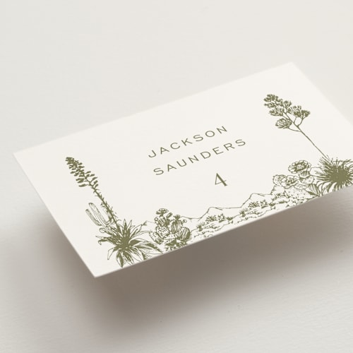 This is a verde wedding place cards with standard by Megan Davis called rancho printing on signature in placecard