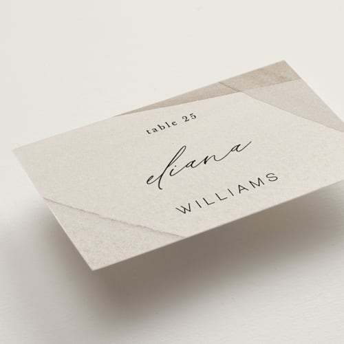 This is a sandstone wedding place cards with standard by Kate Ahn called gossamer printing on signature in placecard