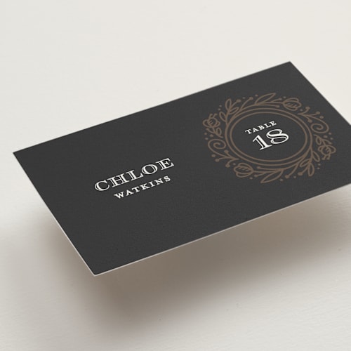 This is a dark chocolate wedding place cards with standard by Laura Bolter called eternal love printing on signature in placecard