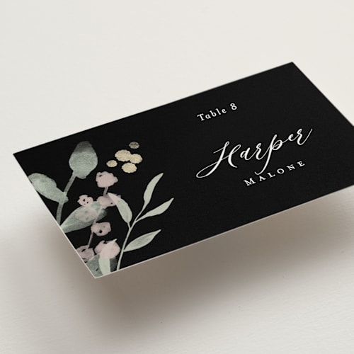 This is a noir wedding place cards with standard by Jennifer Wick called enchanted fields printing on signature in placecard