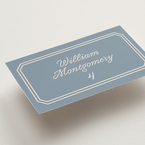 This is a french blue wedding place cards with standard by Carolyn MacLaren called bevel monogram printing on signature in placecard