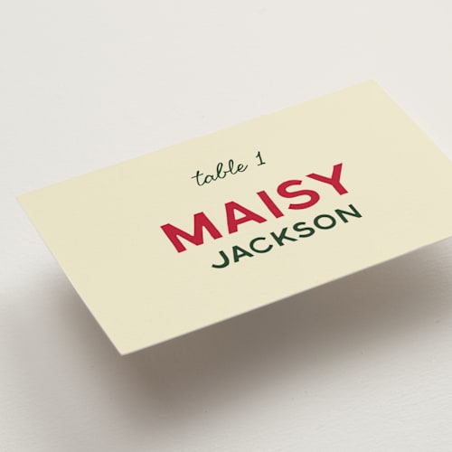 This is a pizzeria wedding place cards with standard by Ani Somi called trattoria printing on signature in placecard