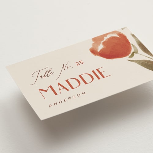 This is a saffron wedding place cards with standard by Vera Lim called giardino printing on signature in placecard
